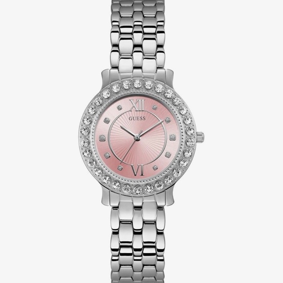 Guess Accessories - GUESS Silver Tone Bracelet Watch Pink Crystal Bezel Stainless Steel Women’s